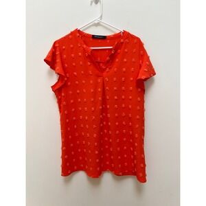 MEROKEETY Blouse Women Large Orange Swiss Dot V-Neck Flutter Sleeve Textured